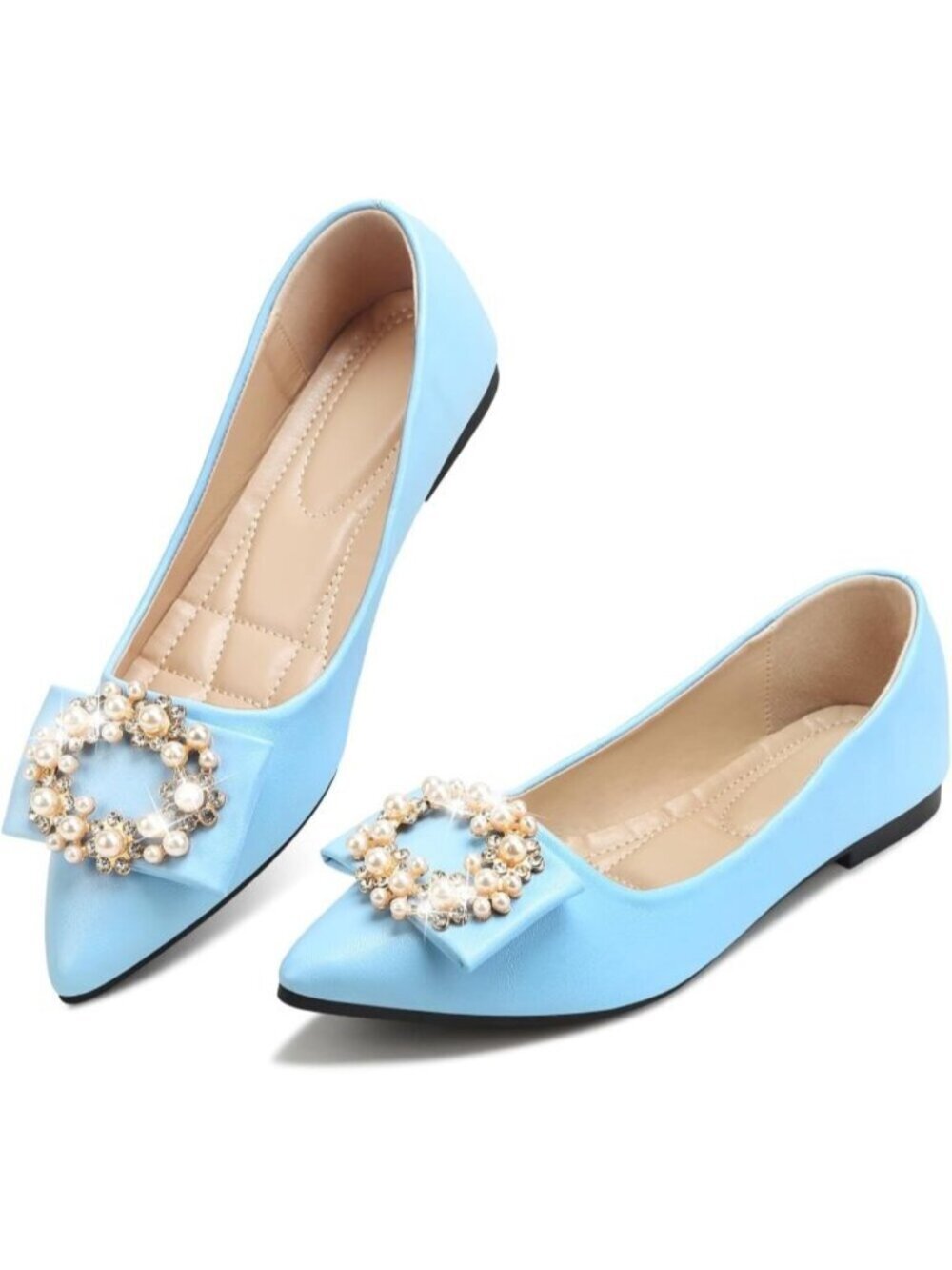 Women's Lake Blue Pointed Toe Pearl Flats Faux Suede Comfort Dress Flats Casual